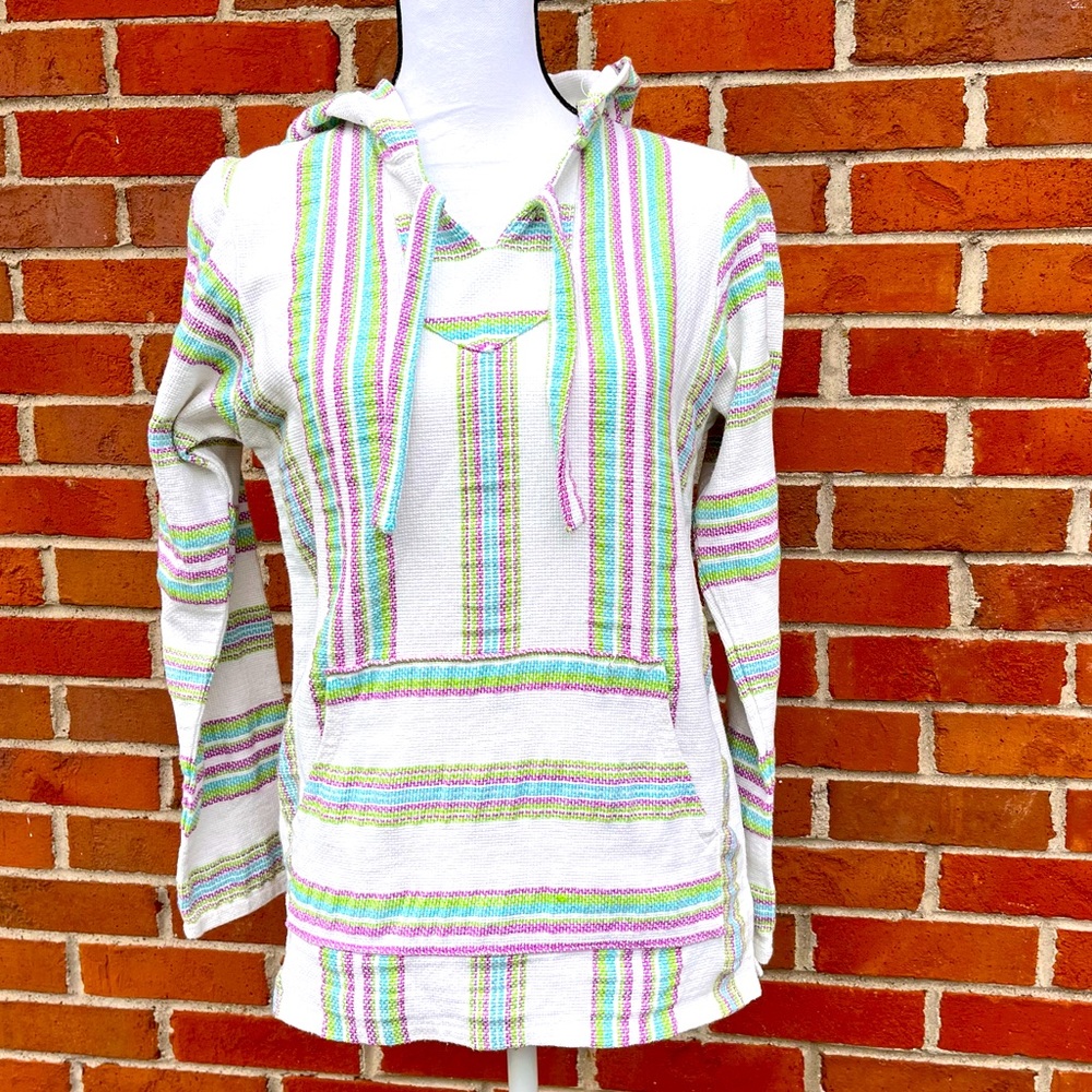 Original Señor Lopez Green Purple Blue Striped Pullover Hoodie Womens Small